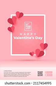 Valentine's Day. Vector illustration. 3d red and pink paper hearts with white square frame. Cute love sale banner or greeting card, postcard, invitation, banner template. 