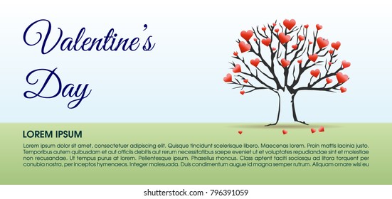 Valentines day vector illustration background with tree, hearts and grass.