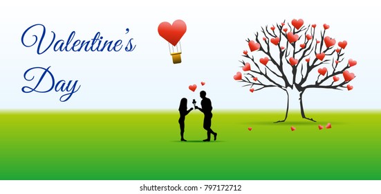 Valentines day vector illustration background with silhouette and tree with heart in green and blue color.