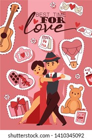 Valentines day vector illustration. Best time for love banner, poster, flyer, brochure with couple in love dancing passionately. Hearts, bear toys gifts sweets guitar calendar stickers.