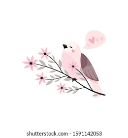 Valentine's Day vector illustration. Bird with flower branches.
