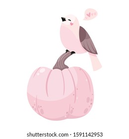 Valentine's Day vector illustration. Bird on pumpkin and heart.