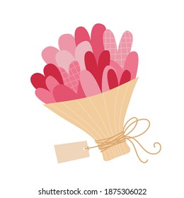 Valentine's day vector illustration of bouquet with pink hearts in craft wrapper with ribbon bow and label tag card.