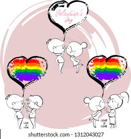 Valentine's Day Vector Illustration  Boy   girl and hearts  Illustration couple in love  Lovely girl   boy  Gay couple homosexual male couple in love  Lgbt community people  Lesbian couple