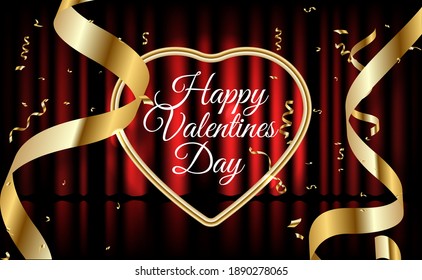 Ilustración vectorial del día de San Valentín. Saludo caligráfico en marco dorado en forma de corazón y confetti dorado. Símbolo de amor - corazones 3d de metal dorado realistas.