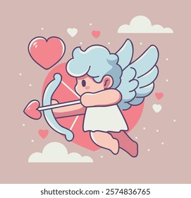 Valentine's Day. Vector illustration of a cartoon, cute cupid with a bow and arrow on the background of hearts. Minimalistic style, suitable for icons, Valentine's Day cards