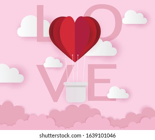 Valentine's day vector illustration with clouds and red heart hot air balloon flying in pink sky .
Love typography/text on pink background design.