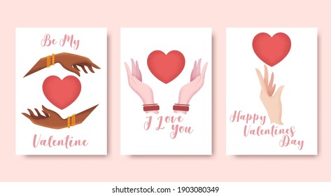 Valentines day vector illustration collection in flat style with textured hands and red hearts isolated on white background. Love and romantic relationship concept for Valentine's day card