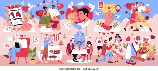 Valentine's Day vector illustration. A colorful celebration showcasing love and affection between couples of all ages and backgrounds. Features elements like hearts, romantic gestures, and joyful