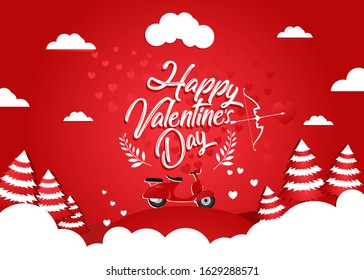 Valentine's Day Vector Illustration Concept Red Background or greeting card.  With Archery and Scooter in square frame. and full with cute love icon.