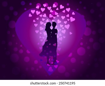 Valentine's Day vector illustration. Couple in love on purple background among the many hearts.