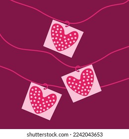 Valentine's day Vector illustration with cut paper hearts pattern hanging on coloring ribbons