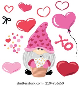 Ilustración vectorial del Día de San Valentín y gnomo lindo rosa para tarjetas de felicitación, invitaciones de navidad y camisetas