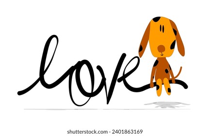 Valentine's Day vector illustration with cute dog sitting on the edge of a love letter. Hand drawn letters for Love Day greeting cards and invitations. Good for t-shirt, mug, gift, print, background p