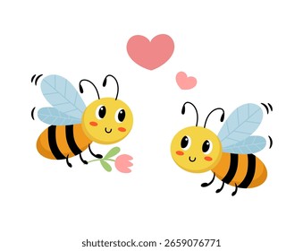 Valentine's day vector illustration with cute cartoon bee and heart sign symbol on white background.