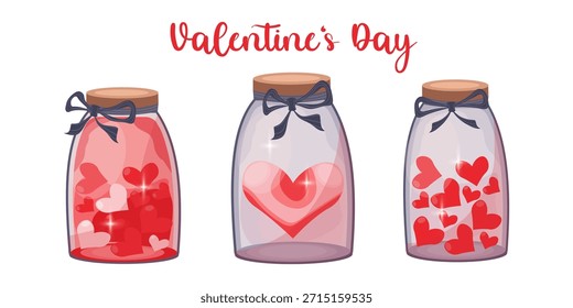 Valentine's Day vector illustration with cute glass jars filled with red and pink hearts, decorated with ribbon bows, transparent glass effect, perfect for greeting cards, stickers, posters and holiday designs.