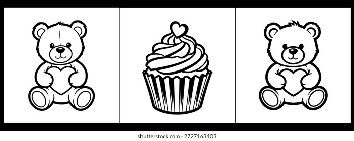 Día de San Valentín Ilustración vectorial de lindos osos de peluche y cupcake
