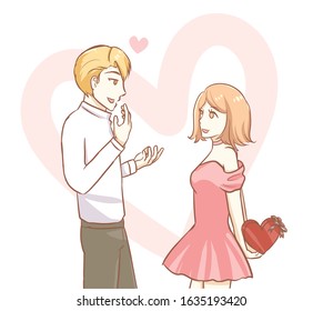 Valentines Day Vector Illustration Of Dating Couple. Girl Is Hiding Box Of Chocolate Behind Back With Happy Face