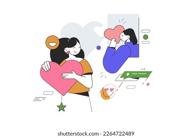 Valentines Day vector Illustration featuring two women holding hearts and surrounded by messages and smiley faces.