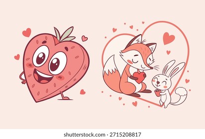 Valentine's Day Vector Illustration Featuring Cute Animal Characters and Heart Shaped Fruit for Greeting Cards