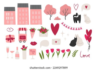 valentinas ilustración vectorial de día en estilo de caricatura plana, corazón, amor, casa, árbol rosa, gato, regalo, flores, ramo, carrito de fiesta, champán, botella, vidrio, cóctel, tarta, carta, bolas