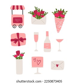 valentines day vector illustration in flat cartoon style, heart, love, house, pink tree, cat, gift, flowers, bouquet, party cart, champagne, bottle, glass, cocktail, cake, letter, balls