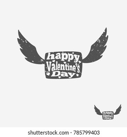valentines day, vector illustration flat, gray, black, white, text, scrapes, textures, letter with wings, message, feathers, heart
