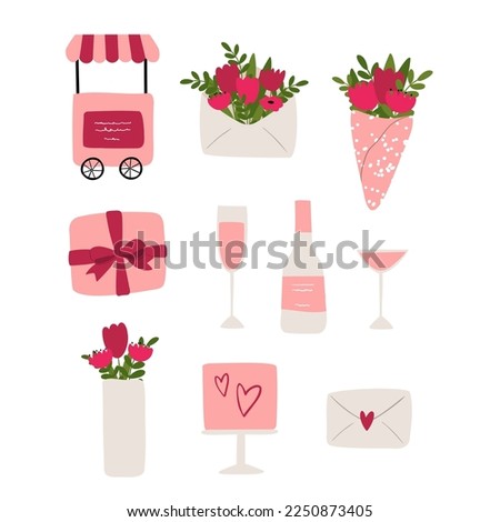 valentines day vector illustration in flat cartoon style, heart, love, house, pink tree, cat, gift, flowers, bouquet, party cart, champagne, bottle, glass, cocktail, cake, letter, balls