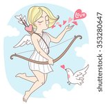Valentines day vector illustration. Flying cupid girl with bird and hearts. Cute cartoon style. Sky with clouds background.