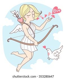 Valentines day vector illustration. Flying cupid girl with bird and hearts. Cute cartoon style. Sky with clouds background.