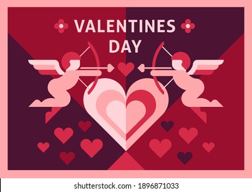 Valentines day vector illustration, gift card, geometric flat style. Cupids with onions fly near the heart.