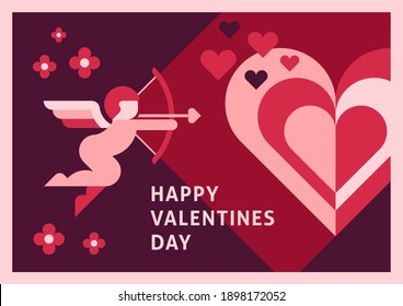 Valentines day vector illustration, gift card, geometric flat style. Cupid with a bow shoots the heart.