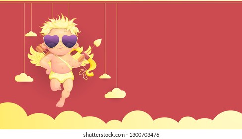  Valentine's day. Vector illustration of a greeting card with copy space and a cute cupid character he has gold curly hair and gold bow. The greeting card is created in red and gold.