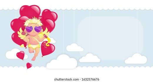 Valentine's day. Vector illustration of a greeting card with copy space and a cute cupid with a bunch of heart-shaped balloons. There are main colors: white, gold, blue, and red.