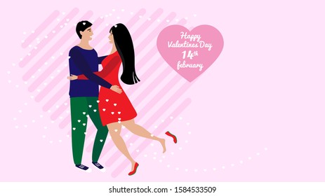 Valentine's day, vector illustration. Happy couple look at each other. The guy and the girl want to kiss.