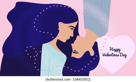 Valentine's day, vector illustration. Happy couple look at each other. The guy and the girl want to kiss.