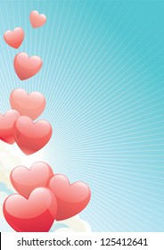 Valentines day. Vector illustration of heats shape balloons on blue sky with clouds,  sun and sun beams