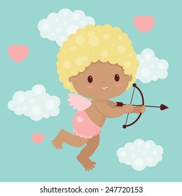 Valentine's Day vector illustration. Little cupid with bow and arrow flying in the sky