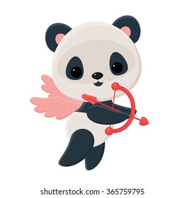 Valentine's Day vector illustration. Little panda cupid with bow and arrow flying on pink wings