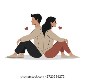 Dia dos Namorados ilustração vetorial de um homem e mulher sentados para trás com corações flutuando perto. Design minimalista é perfeito para temas de relacionamento psicologia, amor, desapego emocional