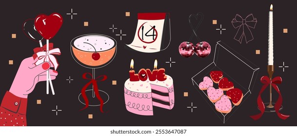 Valentine's Day Vector Illustration in Modern Flat Style. Romantic Elements Including Heart Lollipops, Cherry Cocktails, Love Cake, Disco Ball Cherries, Candle, and Box of Heart-Shaped Donuts