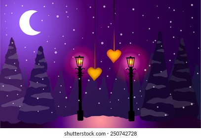 Valentine's Day vector illustration. Moon in the forest at night.