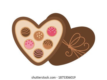 Valentine's day vector illustration. Open heart shaped box with chocolates and light brown ribbon bow. Valentine's day gift.