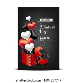 Valentine's Day. Vector illustration with a packing red box and heart-shaped balloons. Invitation to a holiday, wedding and birthday