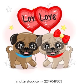 Valentine's Day vector illustration of a pair of pug dogs in love