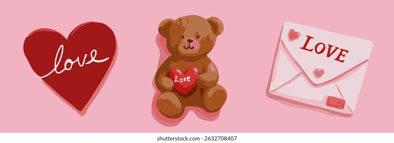 Valentine's Day Vector Illustration: Pastel vector illustration with hearts, teddy bear, strawberry, love letter in trendy hand-drawn cartoon style.