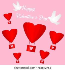 Valentine's day vector illustration. Pigeons and balloons in form of hearts. With large inscription happy Valentine's day.