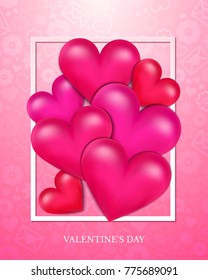 Valentines Day vector illustration with pink ballon hearts on romantic background, holiday greeting card