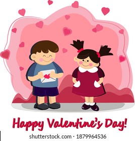 Valentines day vector illustration postcard with young couple fall in love. Boyfriend hold a love letter in his hands.