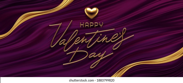 Valentines day vector illustration. Realistic golden metal heart, calligraphic greeting and golden ribbon on purple fluid waves background.
